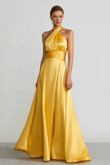 Yellow Halter A Line Satin Evening Dress